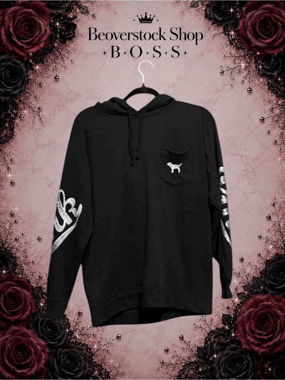 Preowned RARE PINK Victoria’s Secret Sequin Logo Hoodie - Black - Size XS